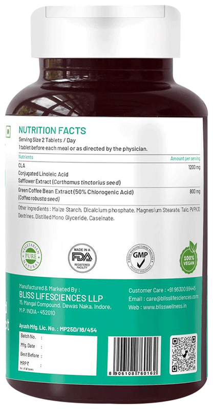 Bliss Welness Weight Management CLA Carb Controller Green Coffee Bean Extract Veg Tablet