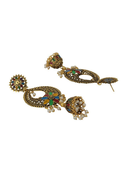 Anikas Creation Gold-Toned & Multicoloured Contemporary Jhumkas Earrings
