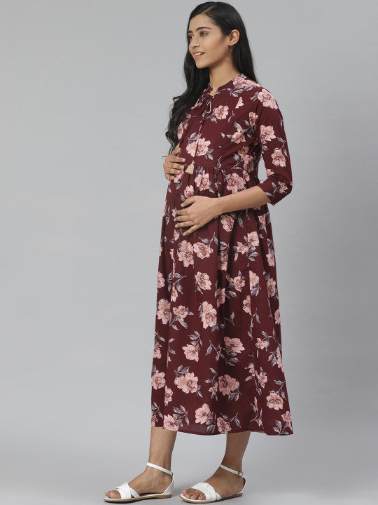 Anayna Women Burgundy & Pink Floral Printed Pure Cotton Maternity A-Line Dress