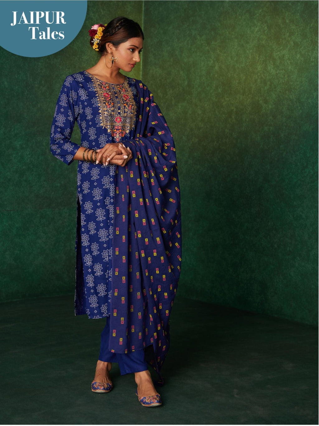 Likha Blue Printed Zari Sequins Work Kurta, Pant & Dupatta LIKSKD167 (Set of 3) - S
