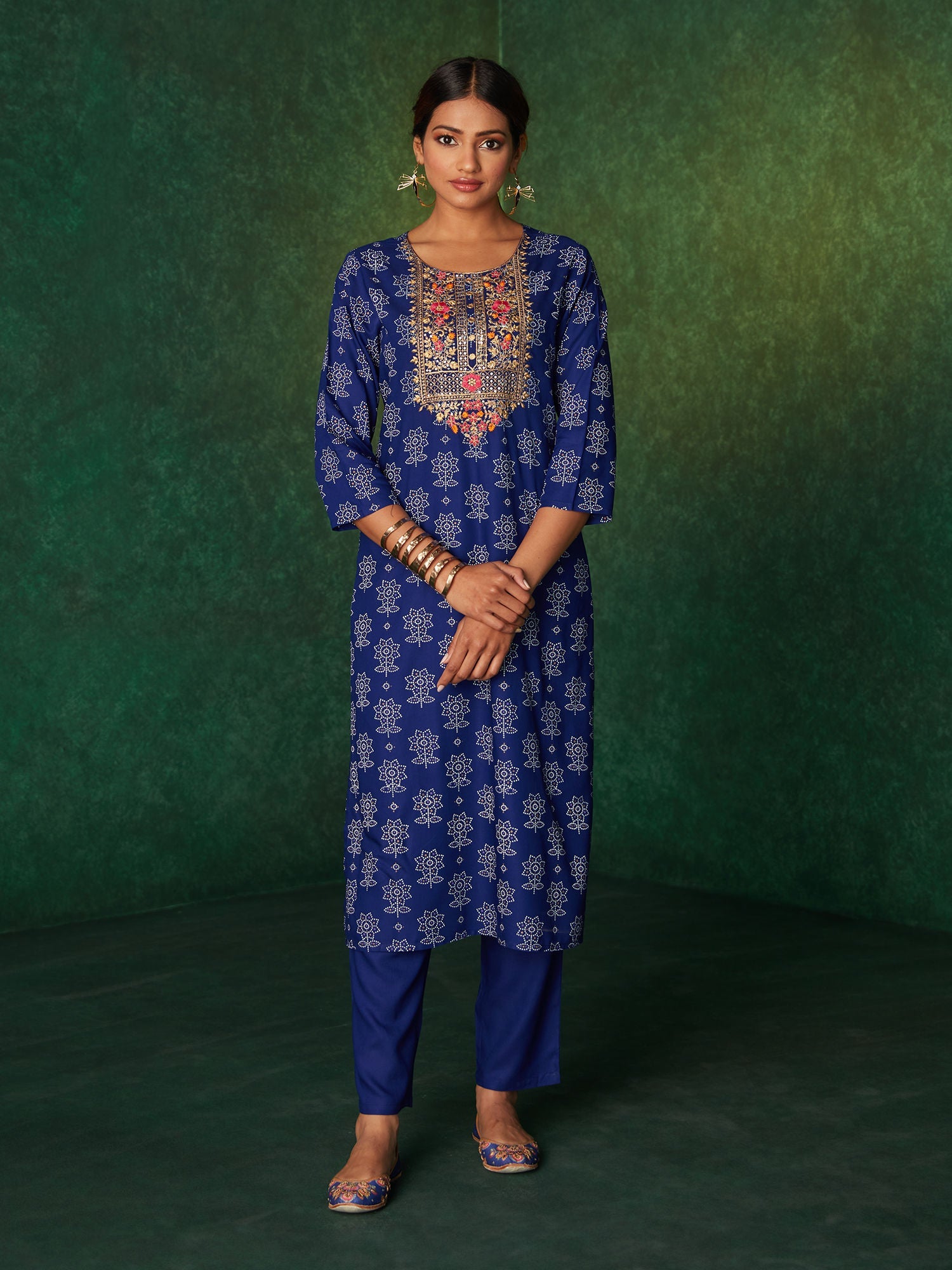 Likha Blue Printed Zari Sequins Work Kurta, Pant & Dupatta LIKSKD167 (Set of 3) - S