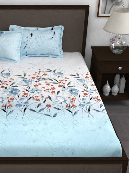 Story@home White & Blue Floral 210 TC Cotton 1 King Bedsheet with 2 Pillow Covers