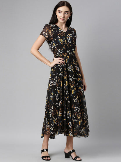 Souchii Black Floral Chiffon Maxi Dress