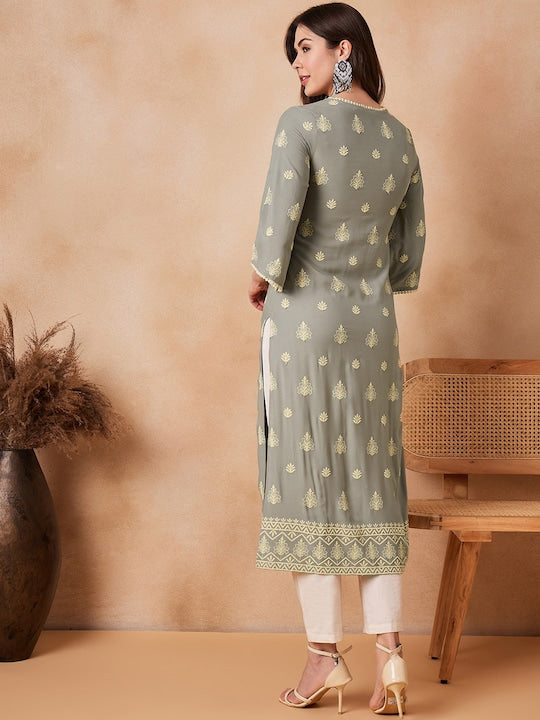 House of Pataudi Ethnic Motifs Embroidered Pure-Cotton Straight Kurta