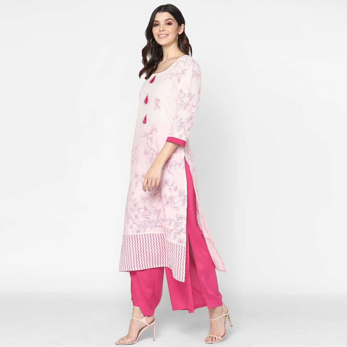 Cheera Hand Block Print Cream & Magenta Straight Kurta With Palazzo (MAAI-080K)
