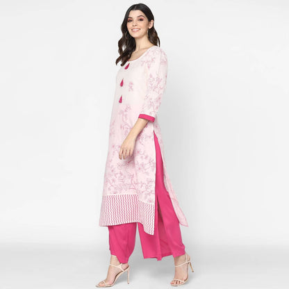 Cheera Hand Block Print Cream & Magenta Straight Kurta With Palazzo (MAAI-080K)