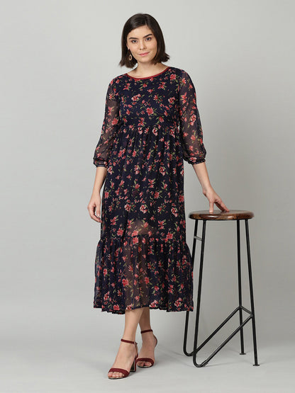 Souchii Women Navy Blue & Red Floral Chiffon A-Line Tiered Dress