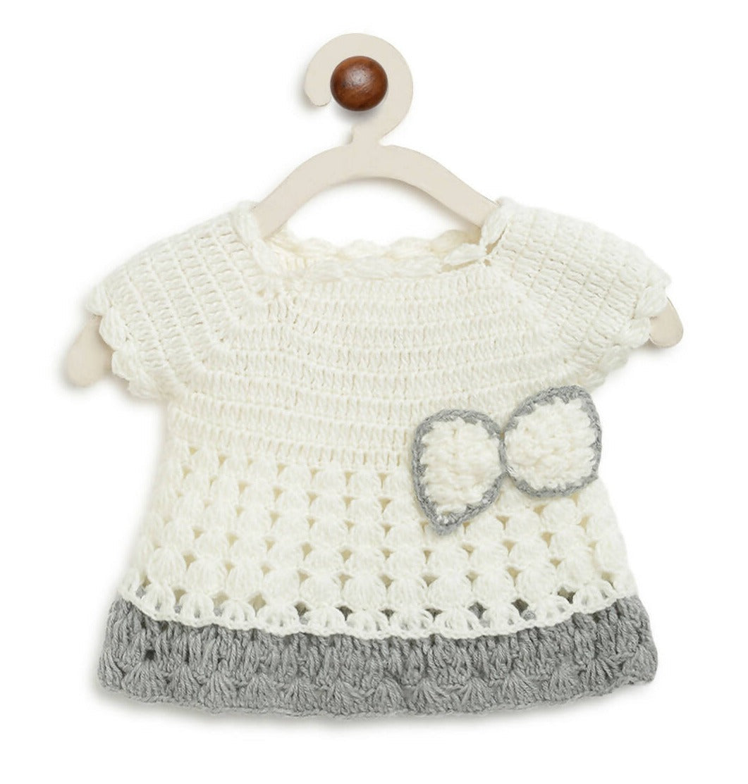ChutPut Hand knitted Crochet Wool Dress For Baby Girls - White