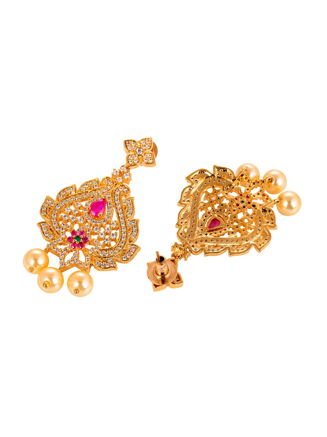 Saraf RS Jewellery Gold-Polished White & Pink American Diamond Studded & Beaded Handcrafted Jewellery Set