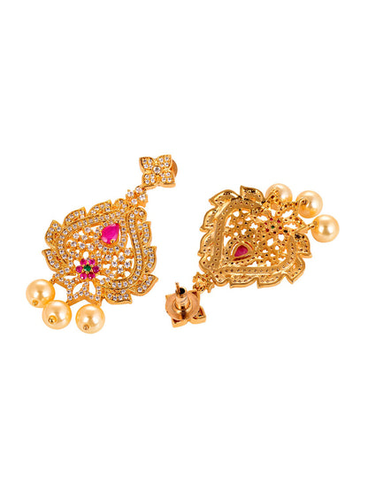 Saraf RS Jewellery Gold-Polished White & Pink American Diamond Studded & Beaded Handcrafted Jewellery Set