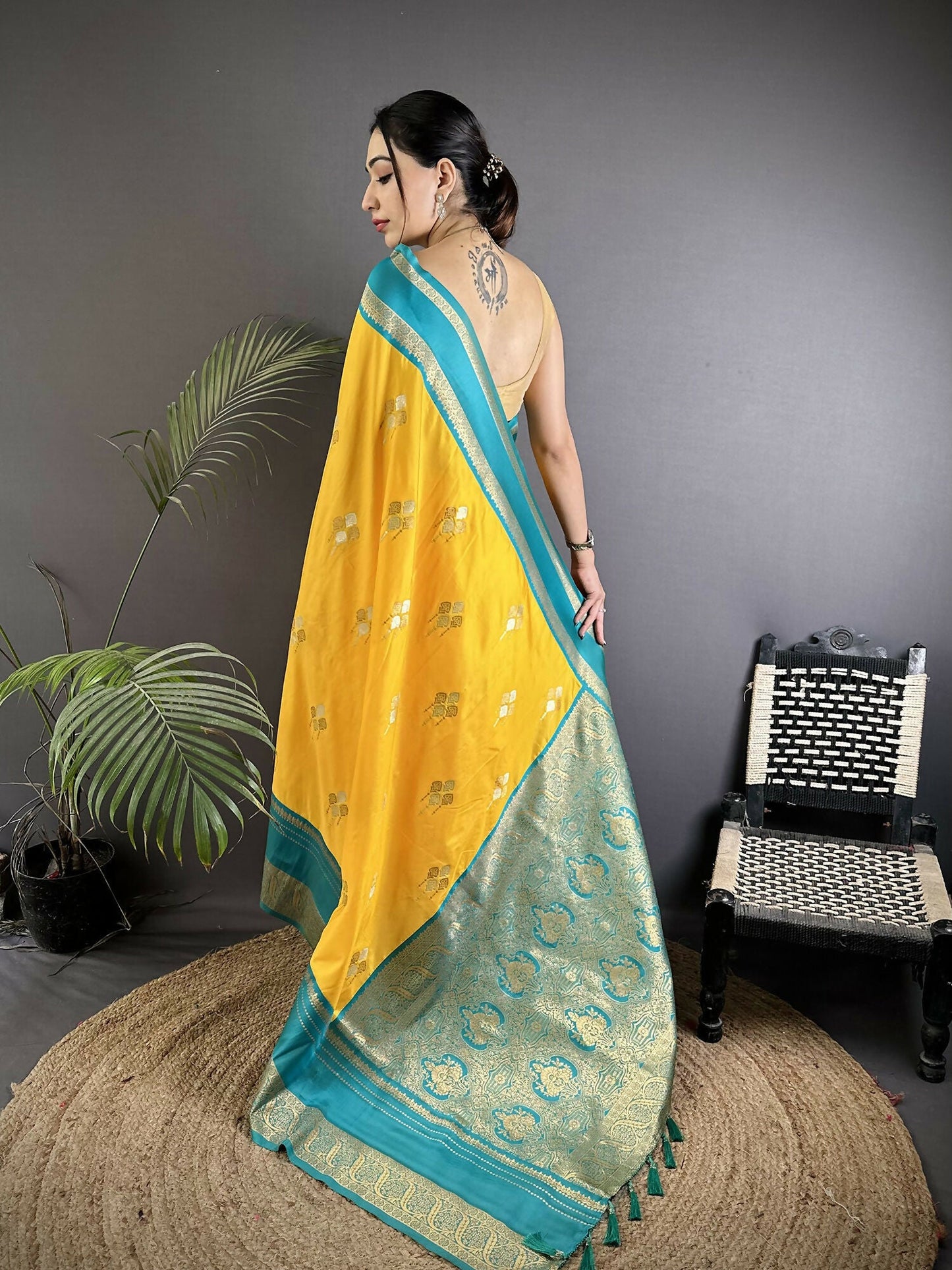 Joban Fashion Yellow Banarasi Soft Silk Woven Saree