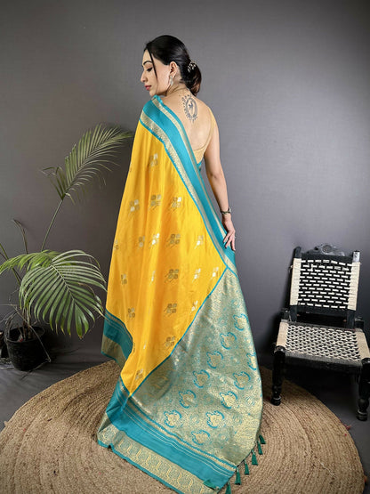 Joban Fashion Yellow Banarasi Soft Silk Woven Saree