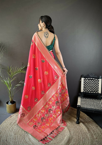 Joban Fashion Peach Elephant & Floral Motifs Soft Lichi Silk Banarasi Saree