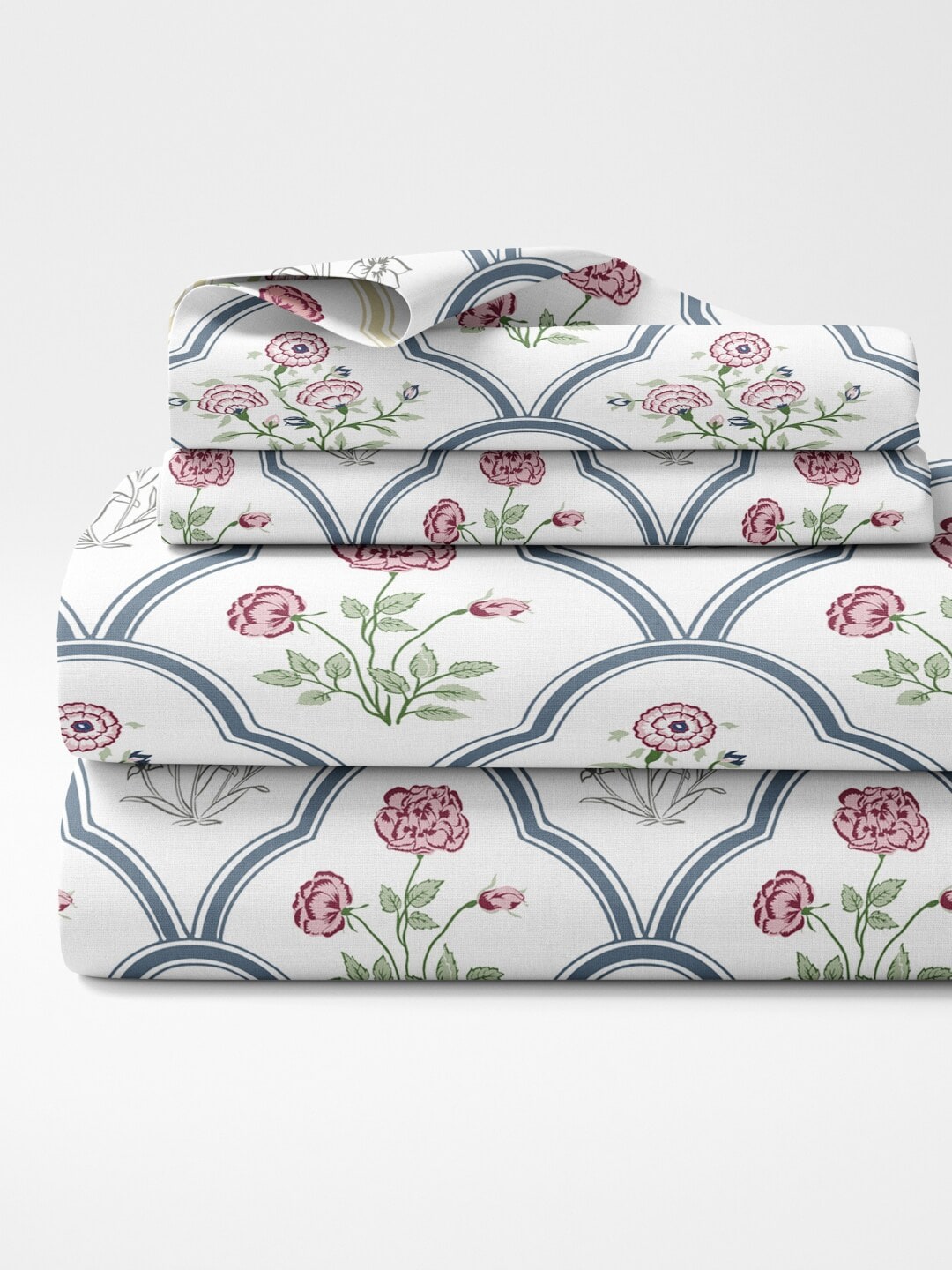 haus & kinder Blue & White Ethnic Motifs 186 TC King Bedsheet with 2 Pillow Covers