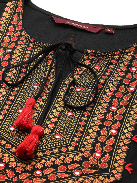 Sangria Floral Yoke Printed Mirror Work Kurta