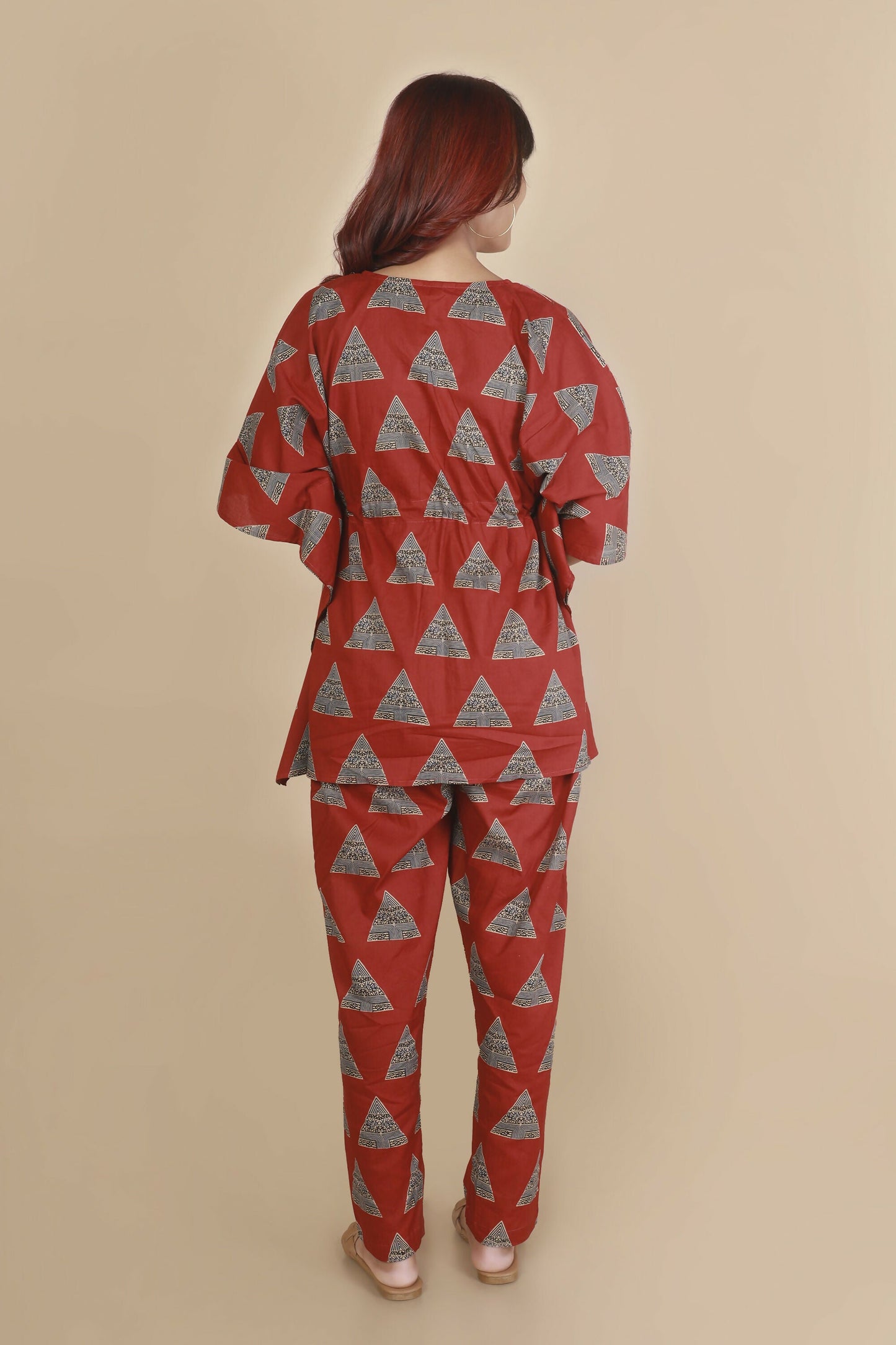 Breathables Women’S Loungewear Kaftan Cotton Red Geometric Print Co-Ord Set
