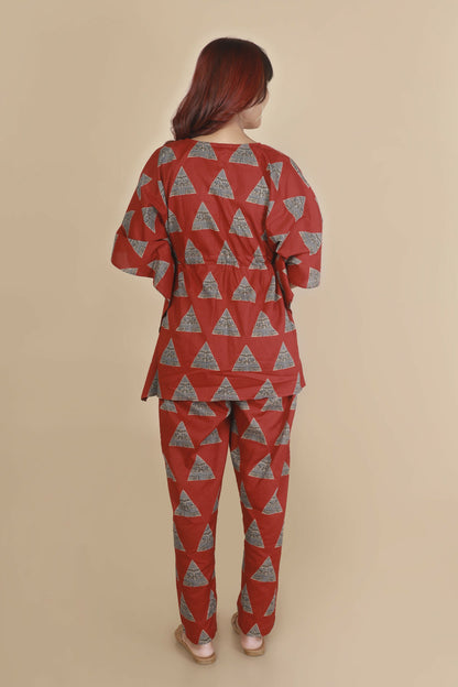 Breathables Women’S Loungewear Kaftan Cotton Red Geometric Print Co-Ord Set