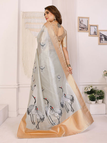 Joban Fashion Golden Cranes Patterns Banarasi Silk Sarees