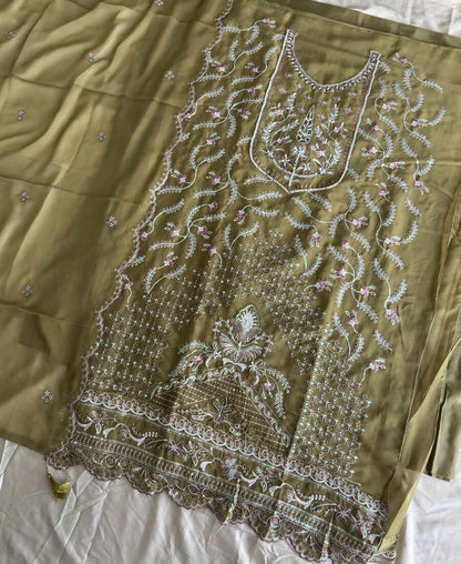 KC Beautiful Mustard Chiffon Silk Hand Embroidery Suit For Women