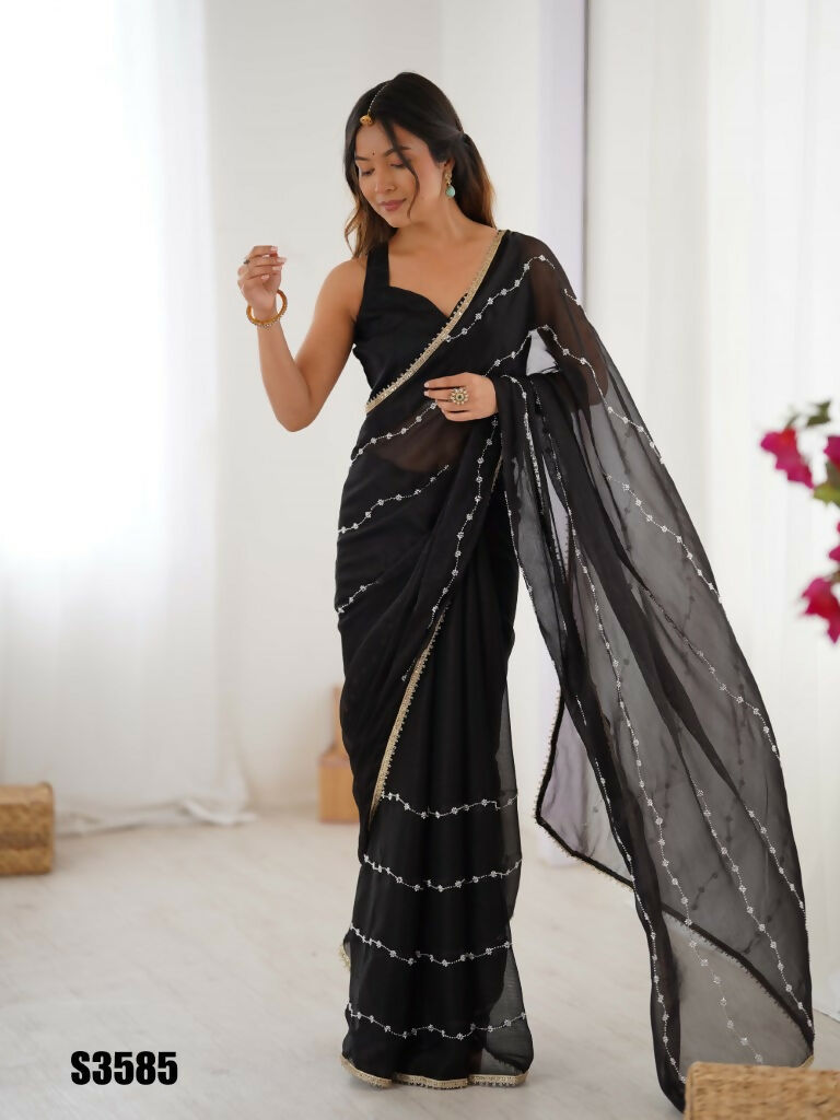 Black Sitara Chiffon Designer Beads Moti,Val Sequence Work Saree - Noorie