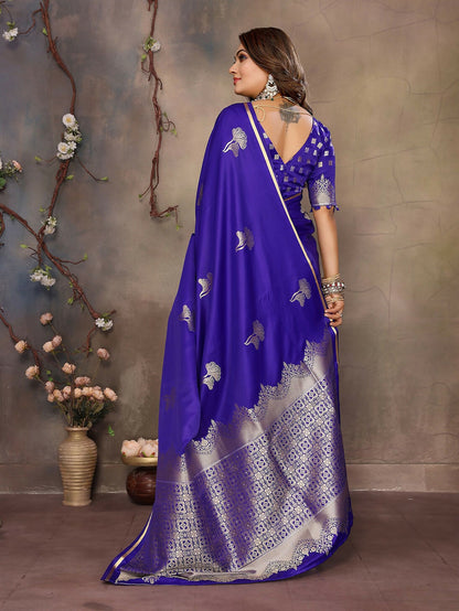 Joban Fashion Royal Blue Floral Motifs Banarasi Silk Sarees