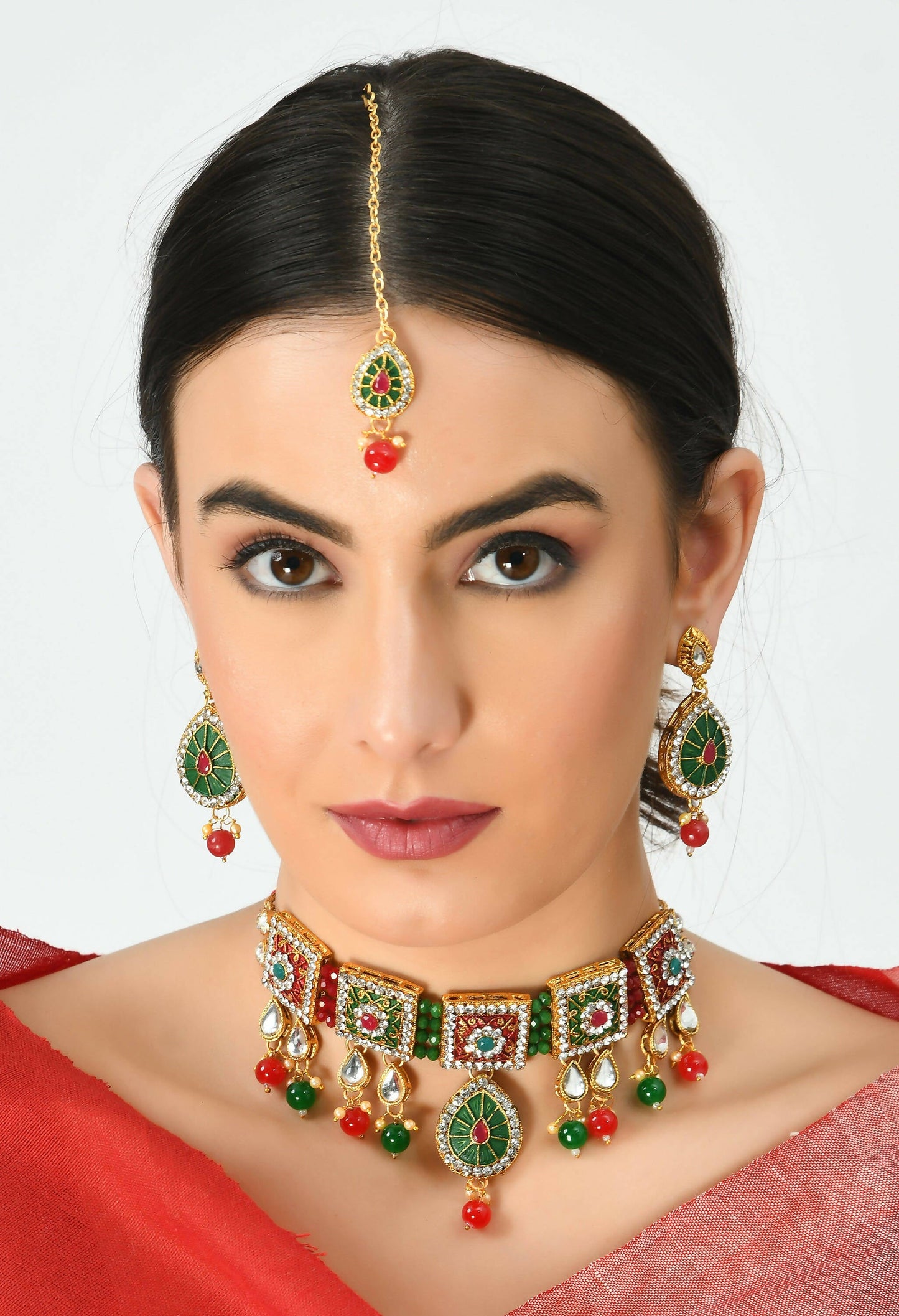 Mominos Fashion Johar Kamal Gold-Polished Brass Finish Meena & Pearls Work Choker For Women