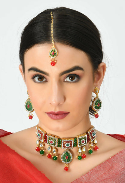 Mominos Fashion Johar Kamal Gold-Polished Brass Finish Meena & Pearls Work Choker For Women