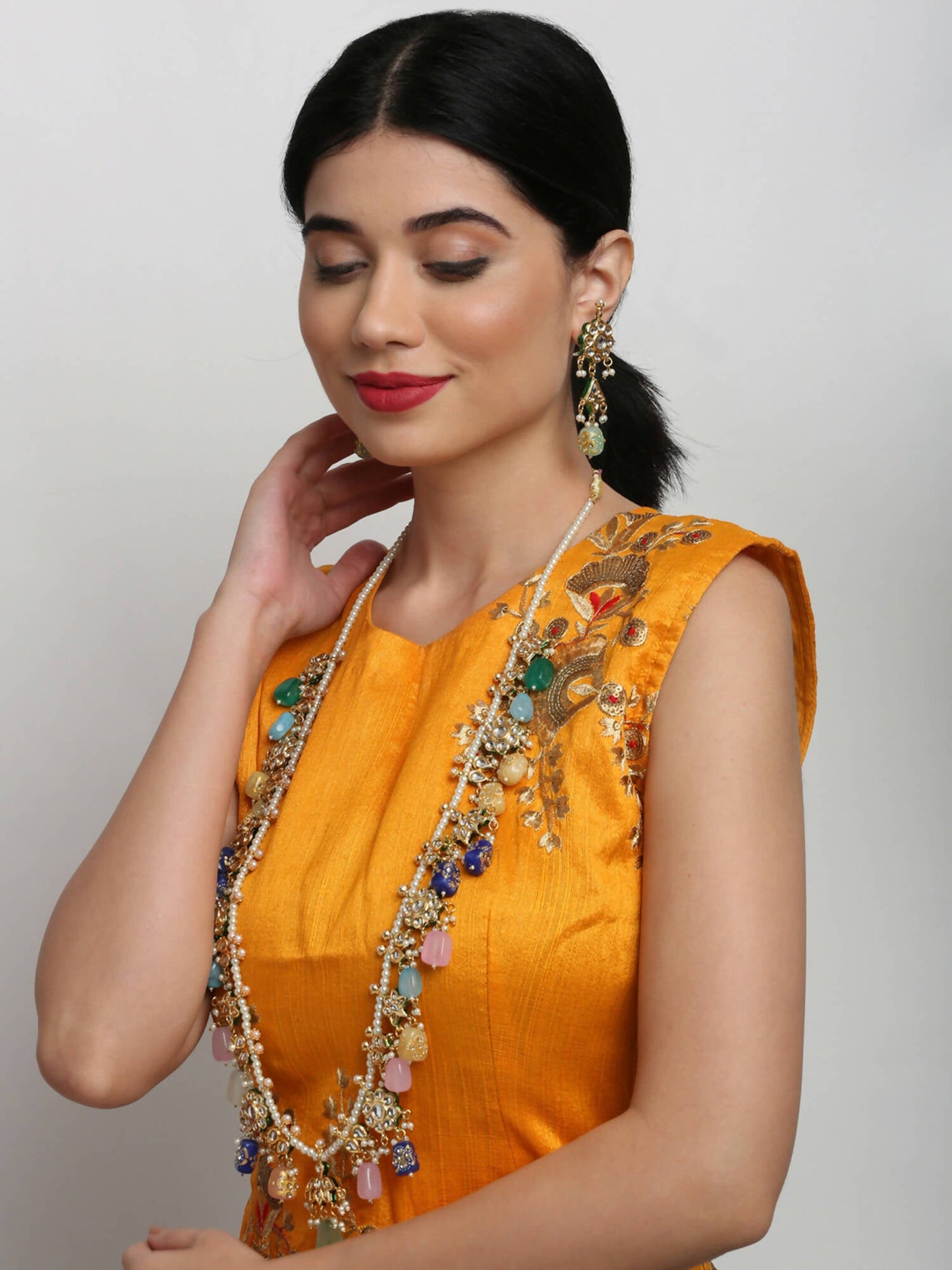 Long Kundan Neckpiece With Studs - Ruby Raang