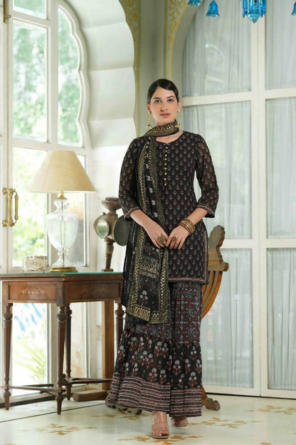 Juniper Black Georgette Festive Floral Print Straight Tunic-Sharara For Women