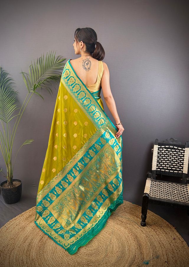 Elora Mustard Soft Silk Butti Zari Weaving Constrast Pallu Banarasi Saree