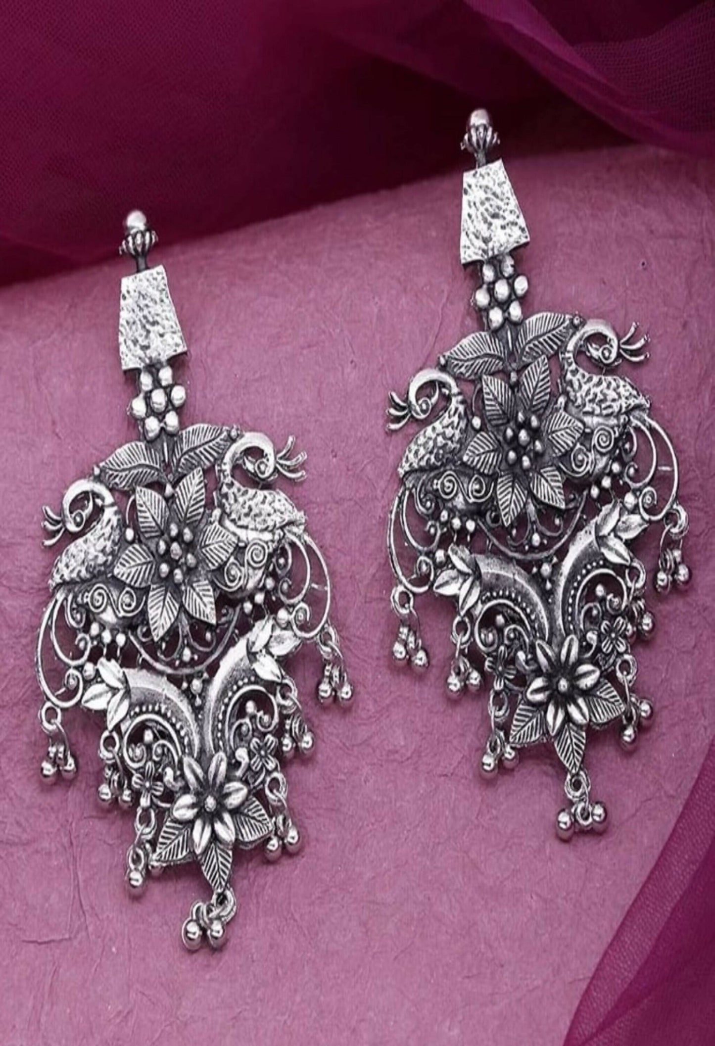 Mominos Fashion Joharkamal Silver-Plated Peacock Design Drop Earrings For Women