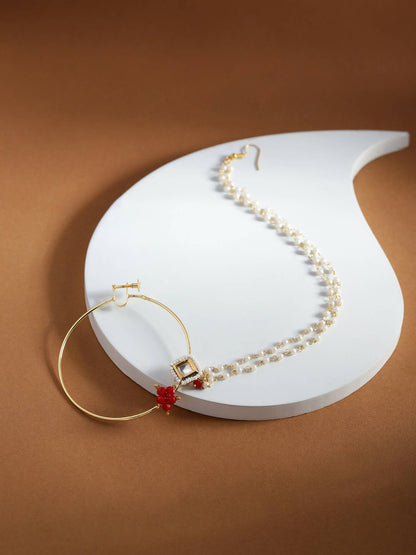Gold-Polished White Red Kundan-Studded Pearl Beaded Nosepin - Ruby Raang