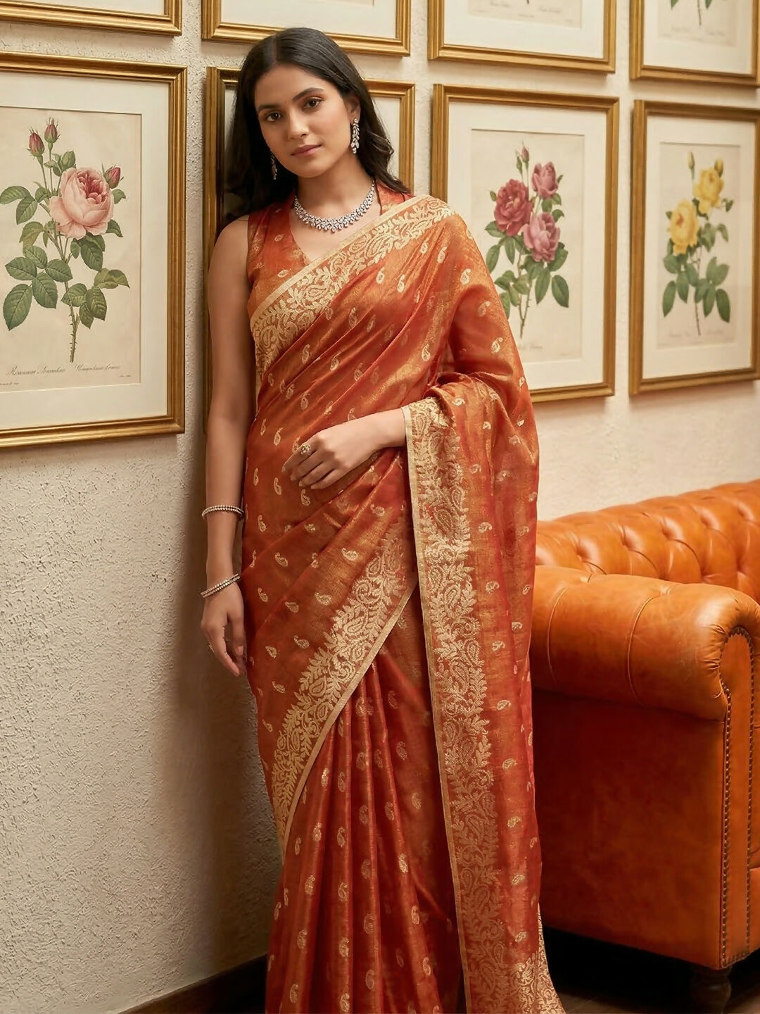 Shree Shyam Fashion Rust Tissue Silk Saree