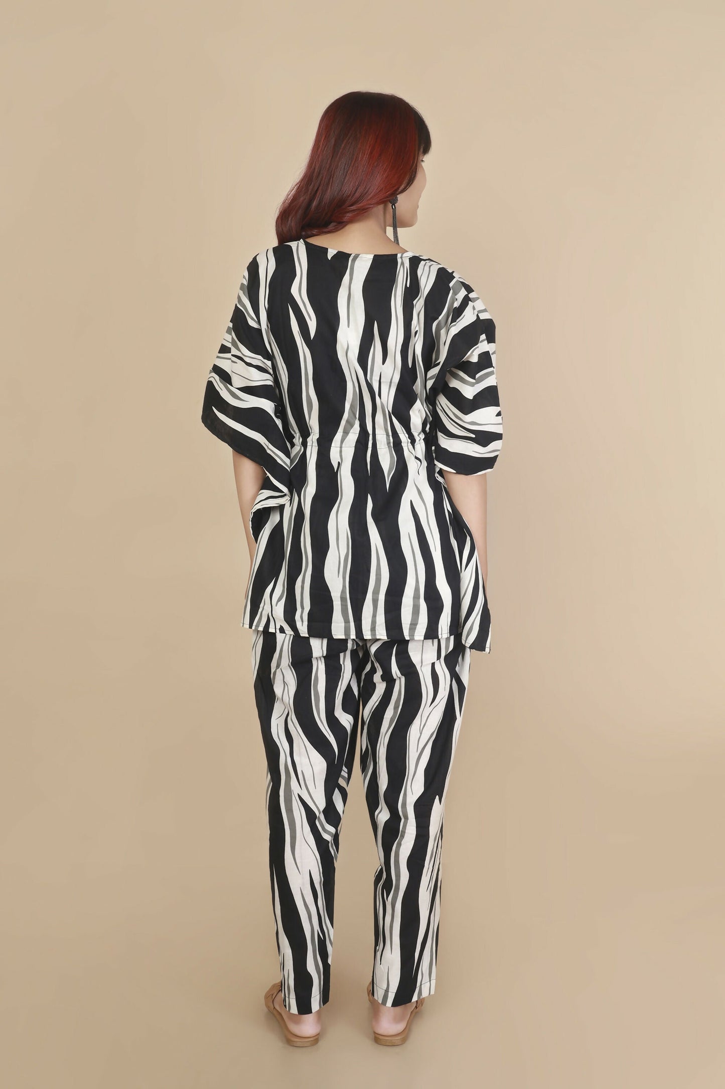 Breathables Women’S Loungewear Kaftan Cotton Black & White Abstract Print Co-Ord Set