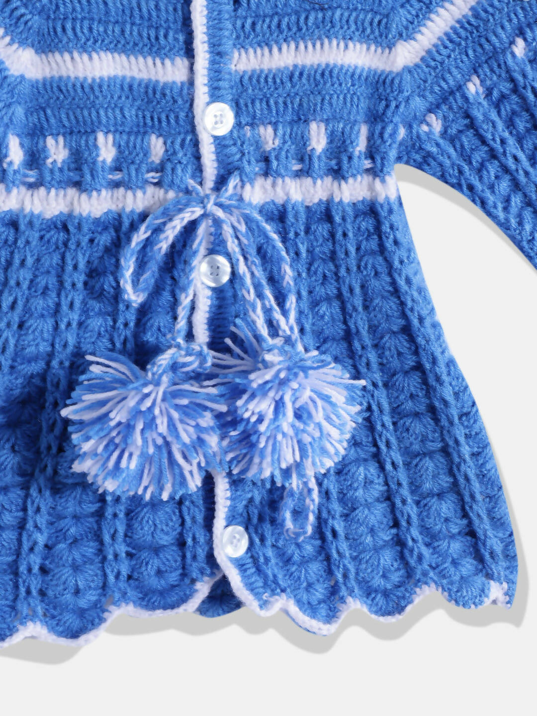 Chutput Kids Woollen Hand Knitted Full Sleeves Self Design Hood Detail Dress For Baby Girls - Blue