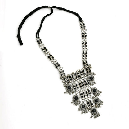 Mominos Fashion Johar Kamal Oxidised Silver-Plated Brass Finish Black Kundan Afghani Long Necklace For Women
