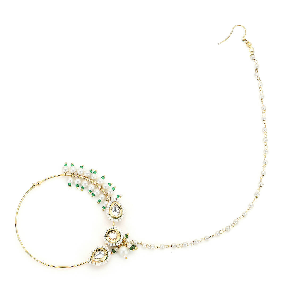Gold-Polished White Kundan Studded Pearl Beaded Nose Pin - Ruby Raang