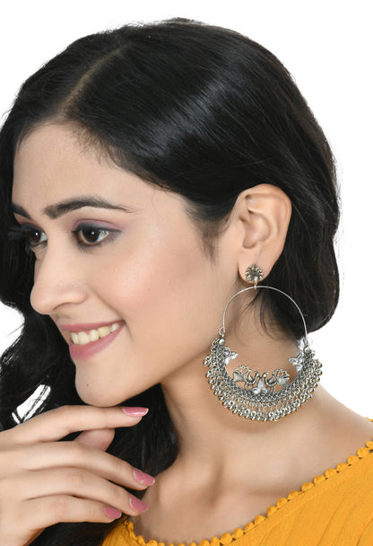 Mominos Fashion Johar Kamal Silver Peacock Design Chandbali Earrings