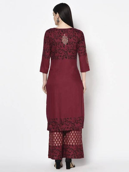 Aniyah Rayon Maroon Color Block Print Straight Kurta Palazzo Set (AN-184K)