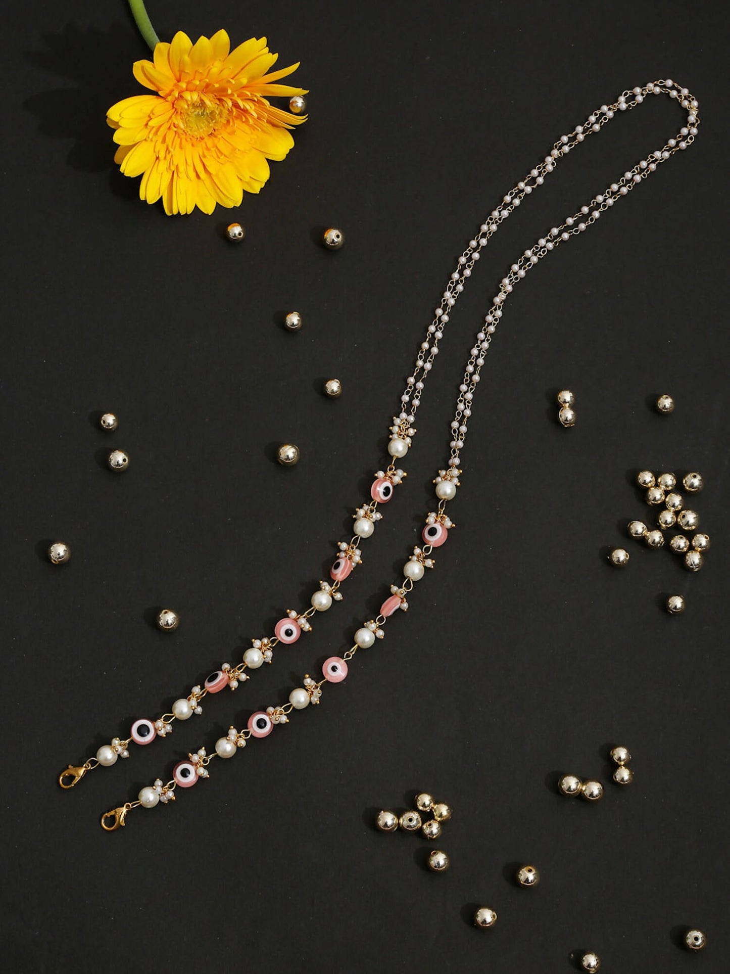 Pink Gold-Toned Evil Eye Beaded Mask Chain - Ruby Raang