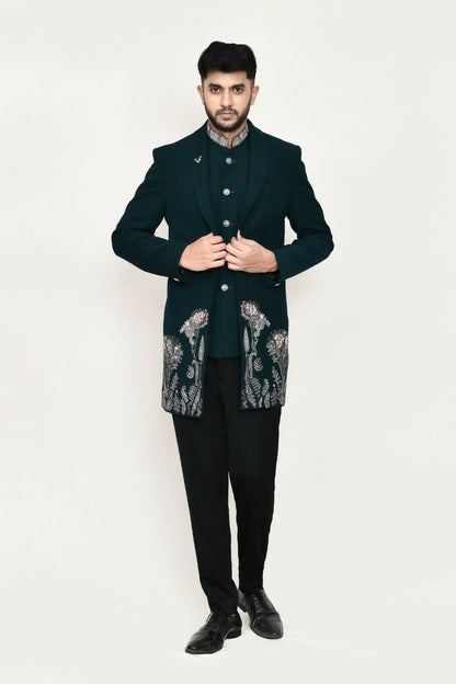 Joban Fashion Green Colored Imported Polyester Fabric Open Prince Coat, Jacket With Pant