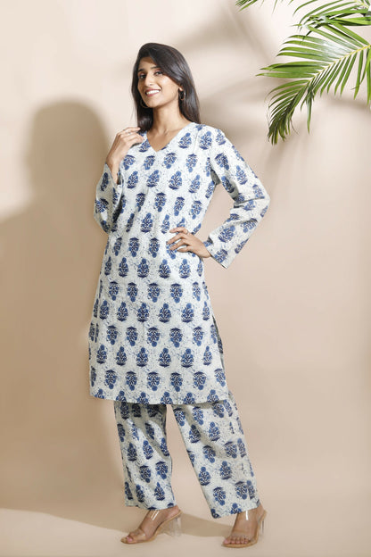 Breathables Women’S Cream Cotton Indian Motif Butta Loungewear Co-Ord Set – Long Kurta & Pants