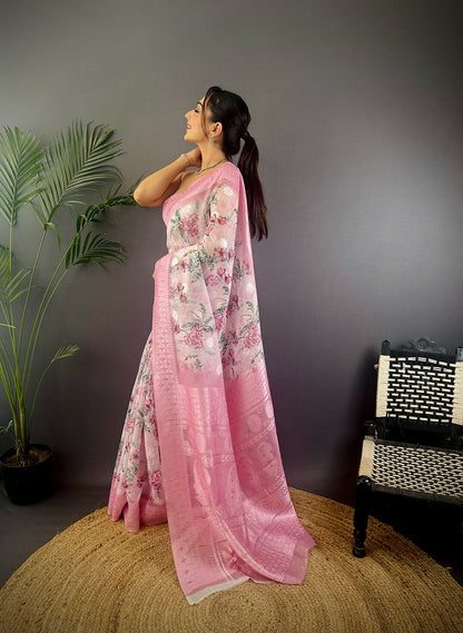 Joban Fashion Baby Pink Floral Motifs Banarasi Silk Sarees