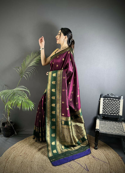 Joban Fashion Wine Banarasi Soft Silk Woven Butti Saree