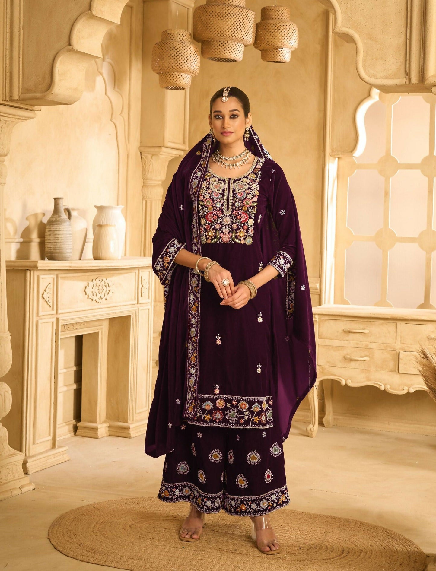 Anaita Wine Embroidered Velvet Stitched Plazo Suit
