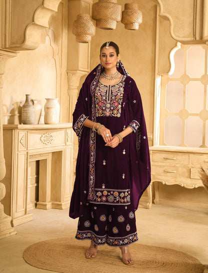 Anaita Wine Embroidered Velvet Stitched Plazo Suit