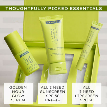 Hyphen By Kriti Sanon Daily Glow Essentials Gift Kit with Complete Skin Care Routine, with Face Serum, Moisturizing Sunscreen SPF & Lip Balm