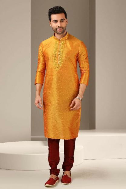 Raivat Ethnic Banarasi Art Silk Mirror Work Kurta Pajama In Mustard Colour