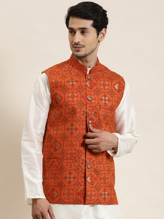 Sojanya Men Orange Ethnic Motifs Printed Nehru Jacket