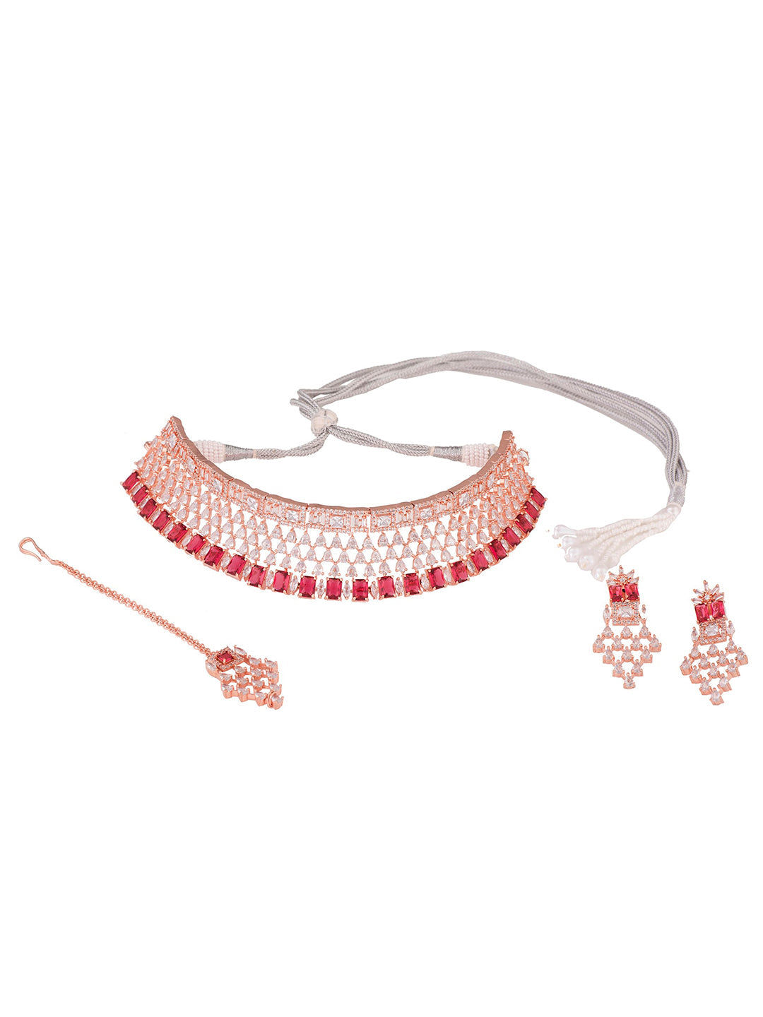 Saraf RS Jewellery Rose Gold-Polished & Red AD & CZ-Studded Contemporary Jewellery Set